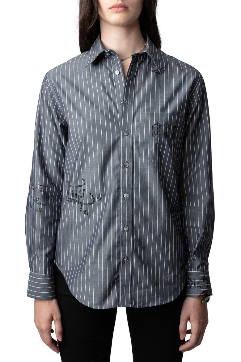 Taskiz Manifesto Stripe Embellished Cotton Button-Up Shirt, Main, color, EVENING