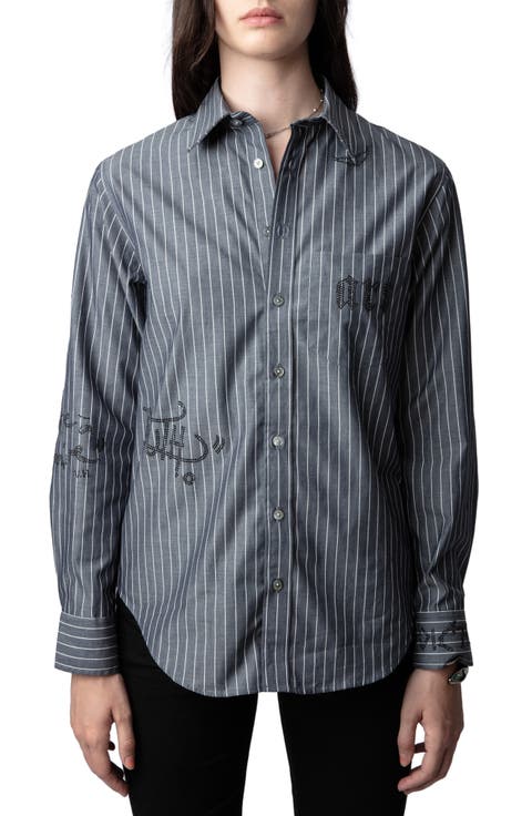 Taskiz Manifesto Stripe Embellished Cotton Button-Up Shirt