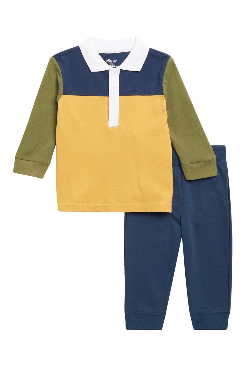 Colorblock Long Sleeve Polo & Pants Set, Main, color, BLUE