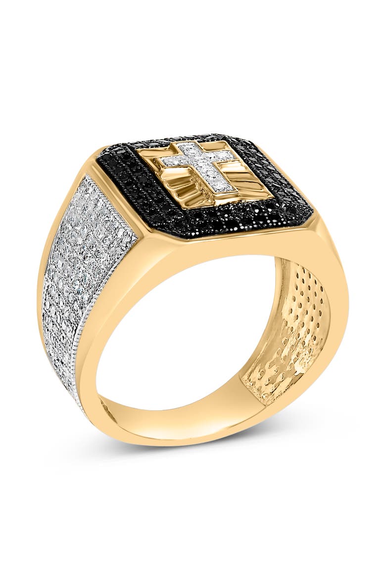 Men's 10K Yellow Gold 1 1/2 ctw White and Black Diamond Cross Signet Ring, Alternate, color, Yellow Gold