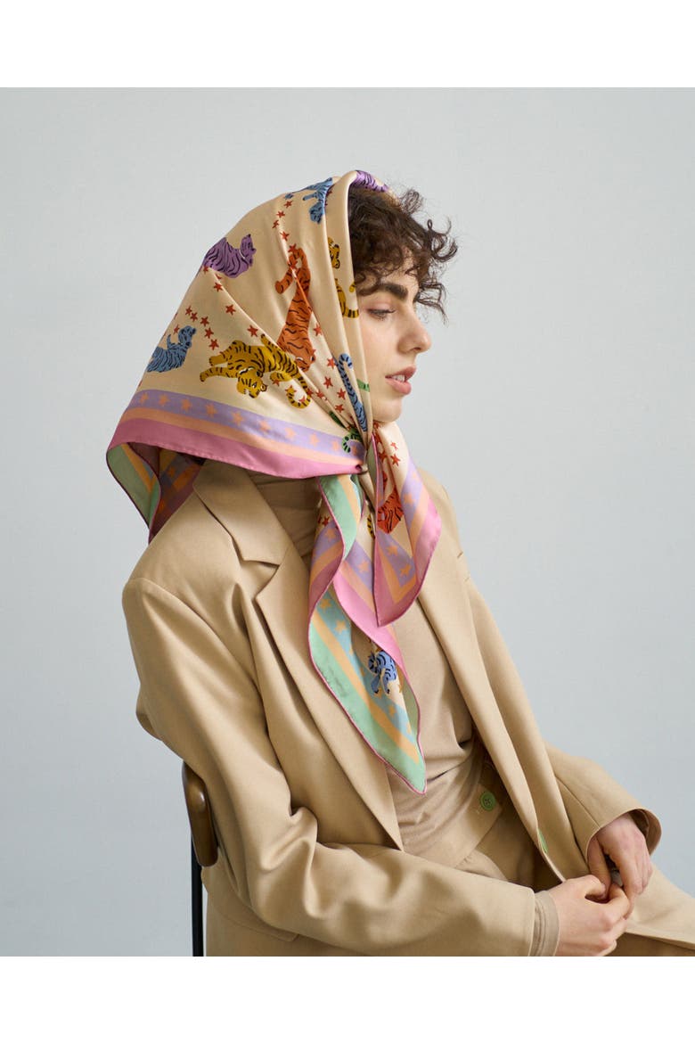 "Neon Tigers" Large Silk Scarf, Alternate, color, Pink & Green