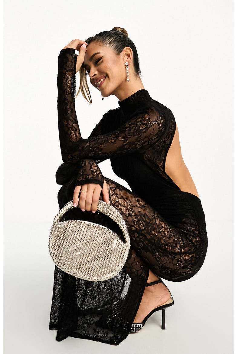 Long Sleeve Lace Overlay Body-Con Maxi Dress, Alternate, color, BLACK