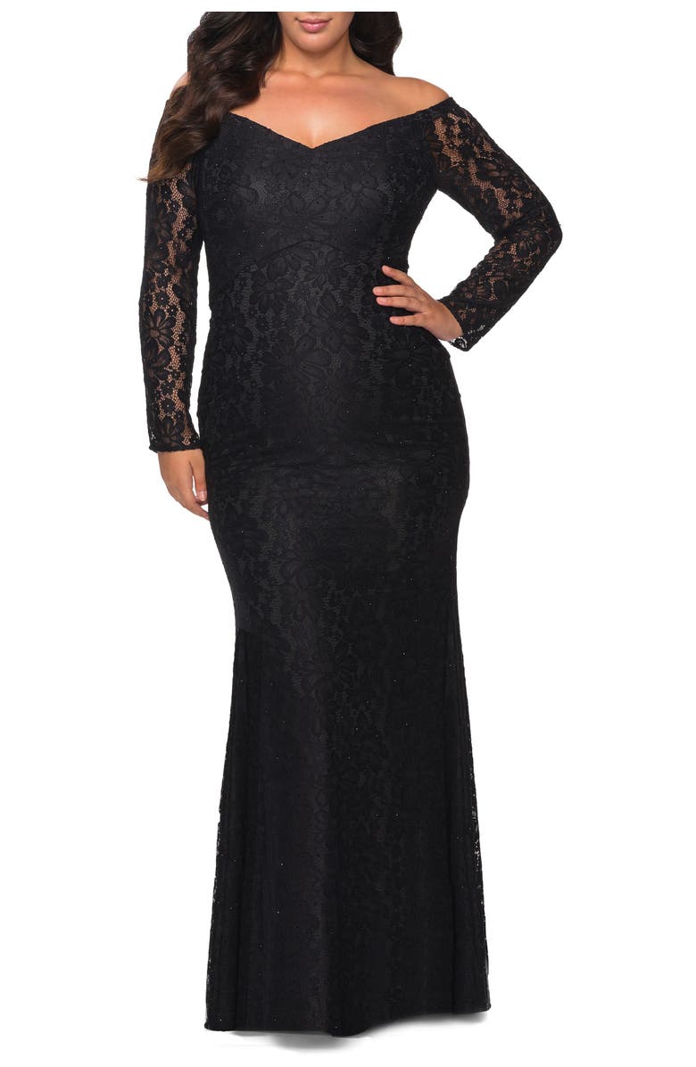 La Femme Lace Off The Shoulder Long Sleeve Plus Dress with Stones, Main, color, Black