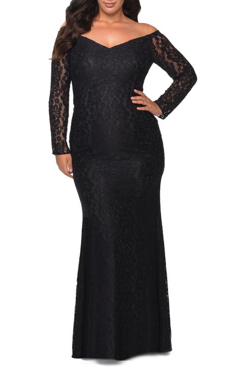 Lace Off The Shoulder Long Sleeve Plus Dress with Stones