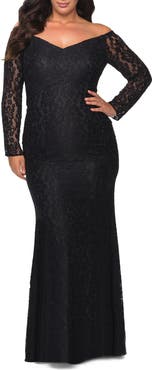 La Femme Lace Off The Shoulder Long Sleeve Plus Dress with Stones
