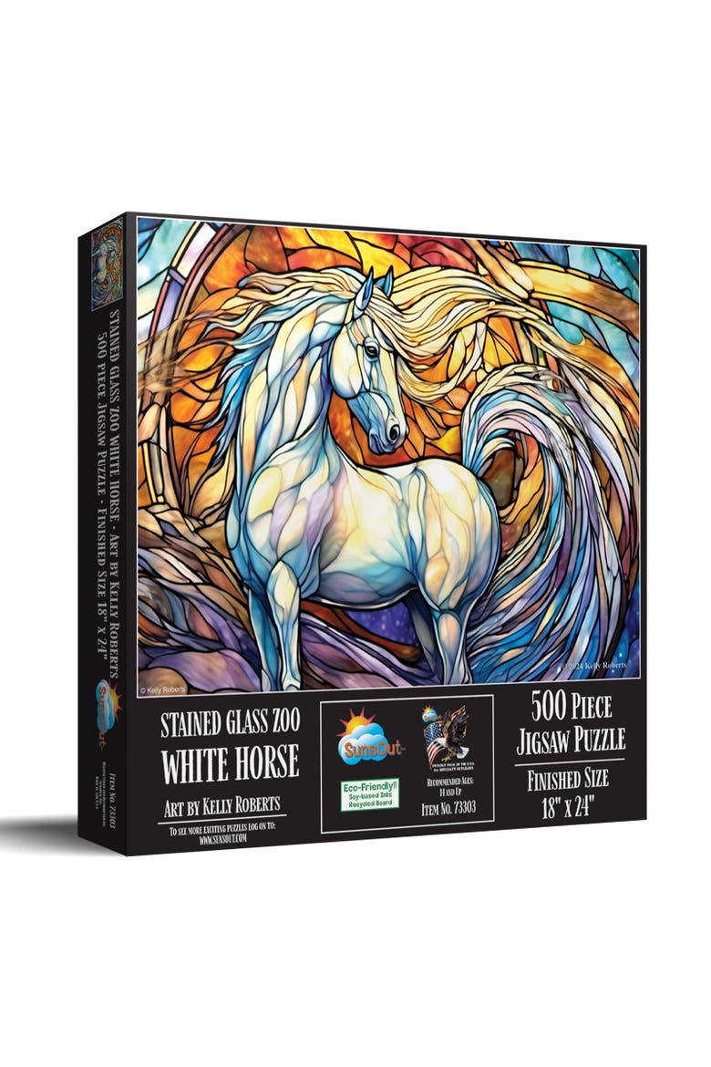 Stained Glass Zoo White Horse 500 piece Jigsaw Puzzle for Adults, Main, color, Multicolor