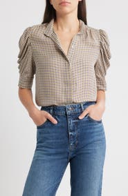 FRAME The Houndstooth Gillian Puff Sleeve Silk Top