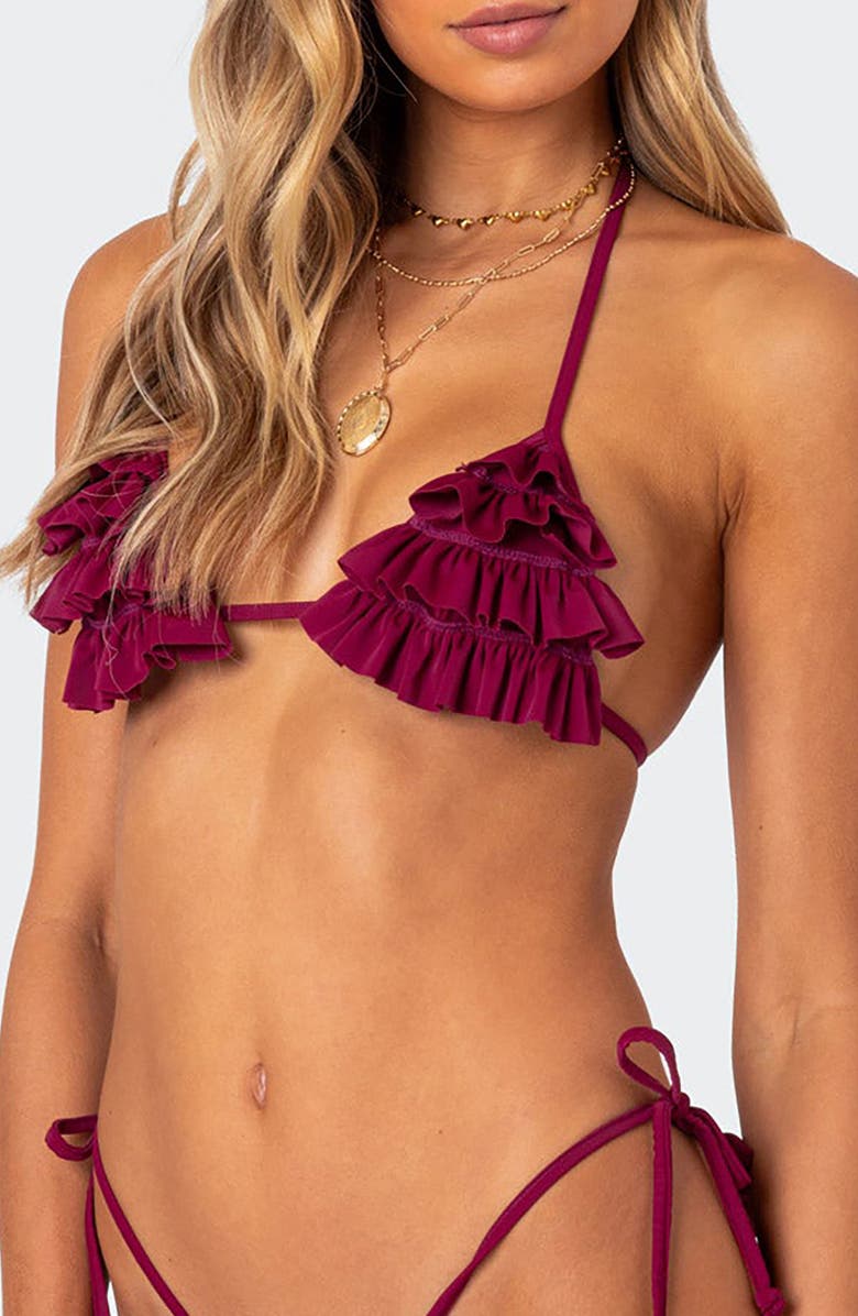 EDIKTED Joelle Ruffle Triangle Bikini Top, Alternate, color, Burgundy
