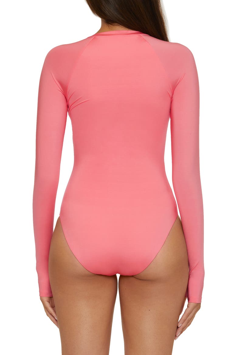 Half Zip Long Sleeve One-Piece Rashguard Swimsuit, Alternate, color, GARDEN PINK