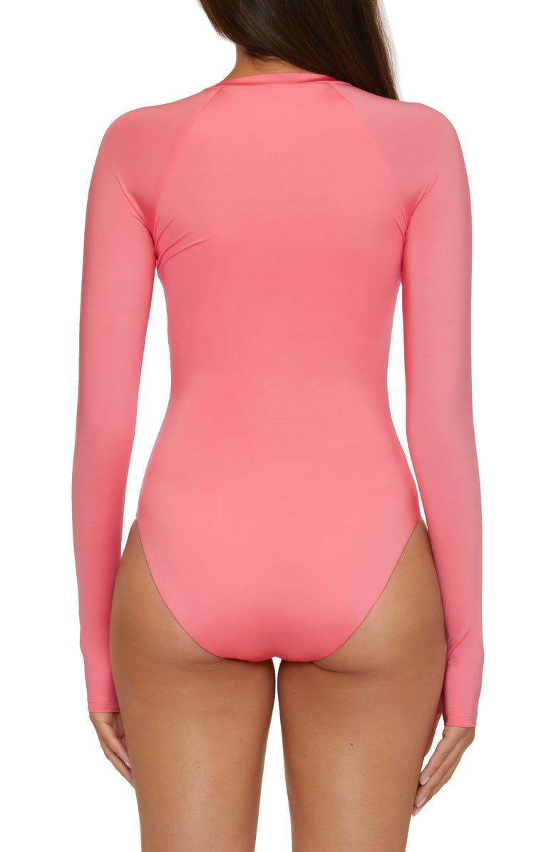 Trina Turk Half Zip Long Sleeve One-Piece Rashguard Swimsuit, Alternate, color, Garden Pink
