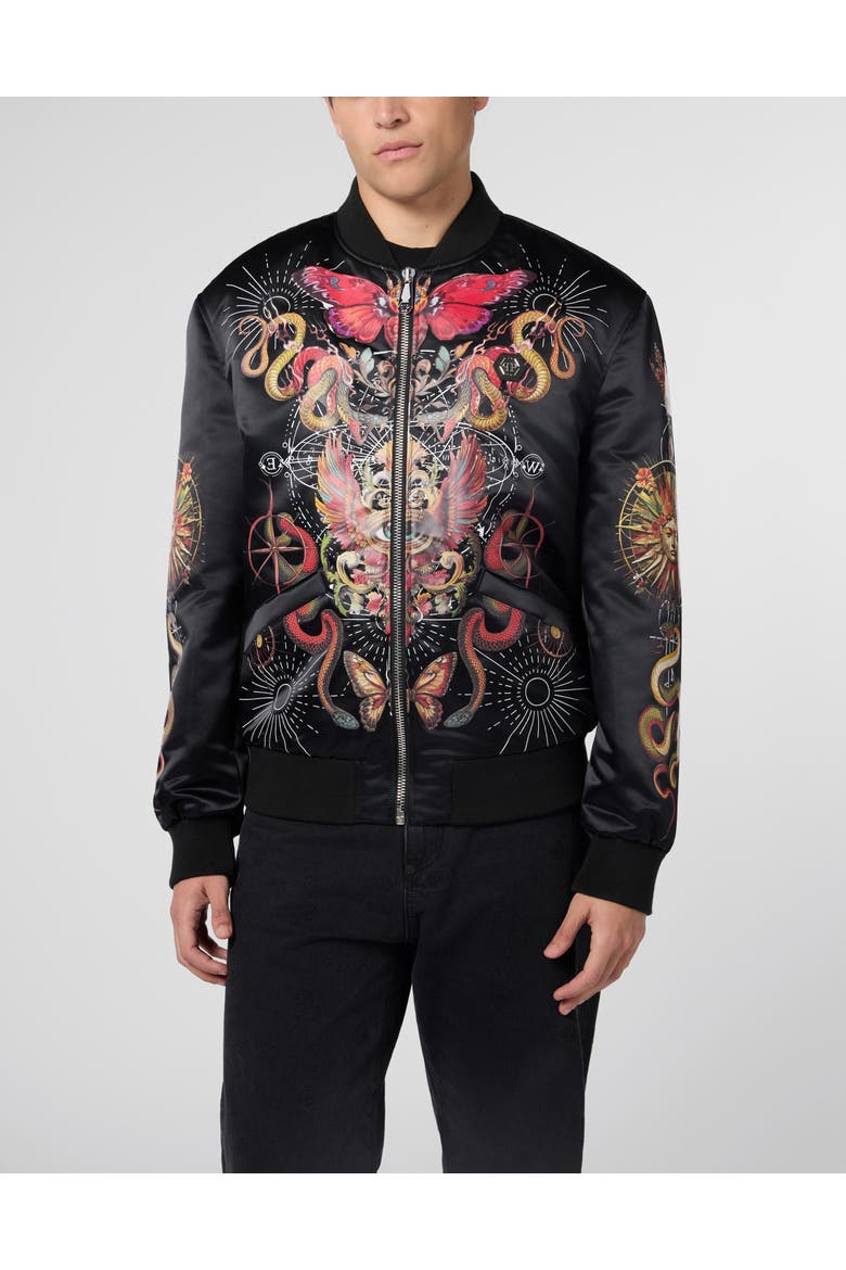 Printed Nylon Bomber Tattoo Men, Main, color, black