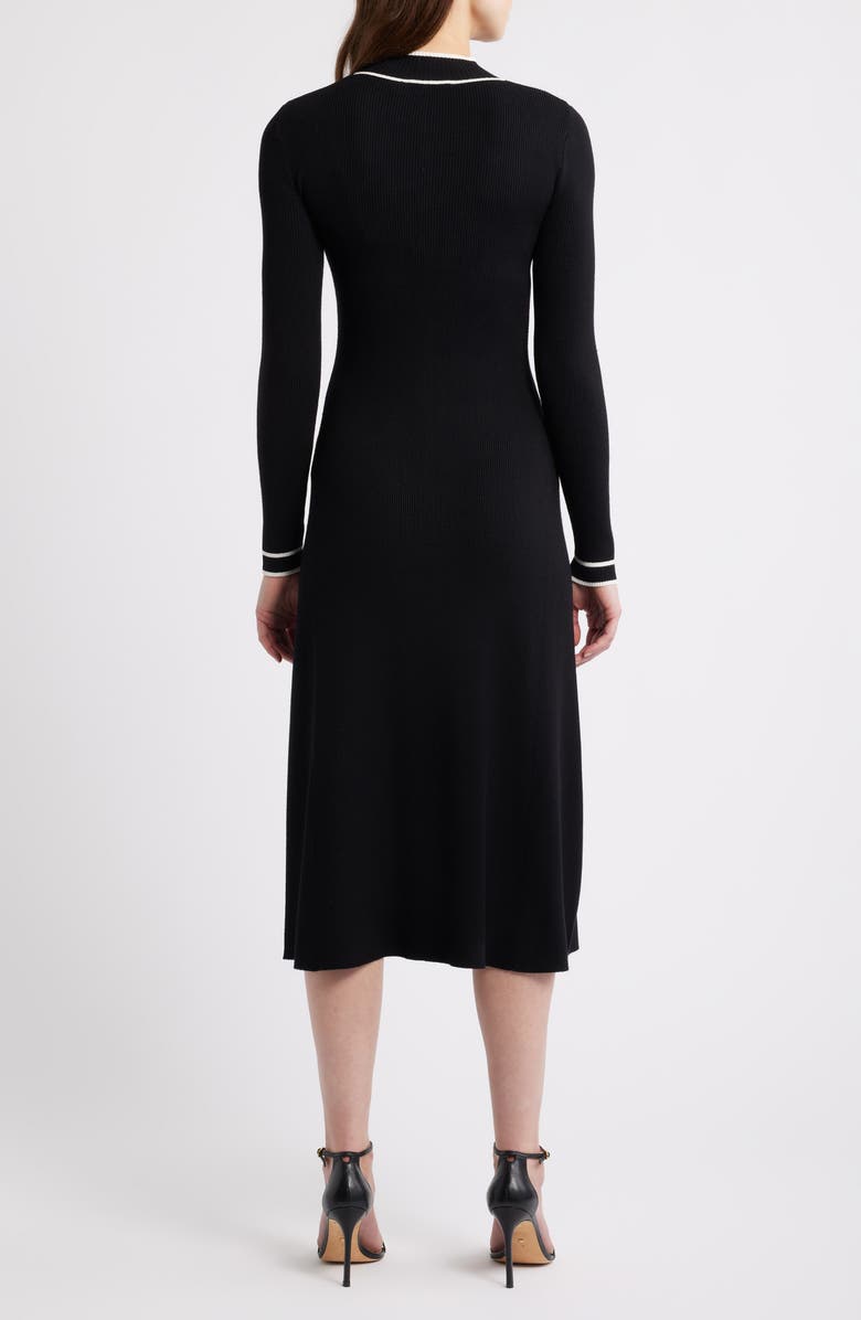 Elie Tahari The Noemi Contrast Trim Long Sleeve Rib Midi Dress, Alternate, color, Noir/ Sky White