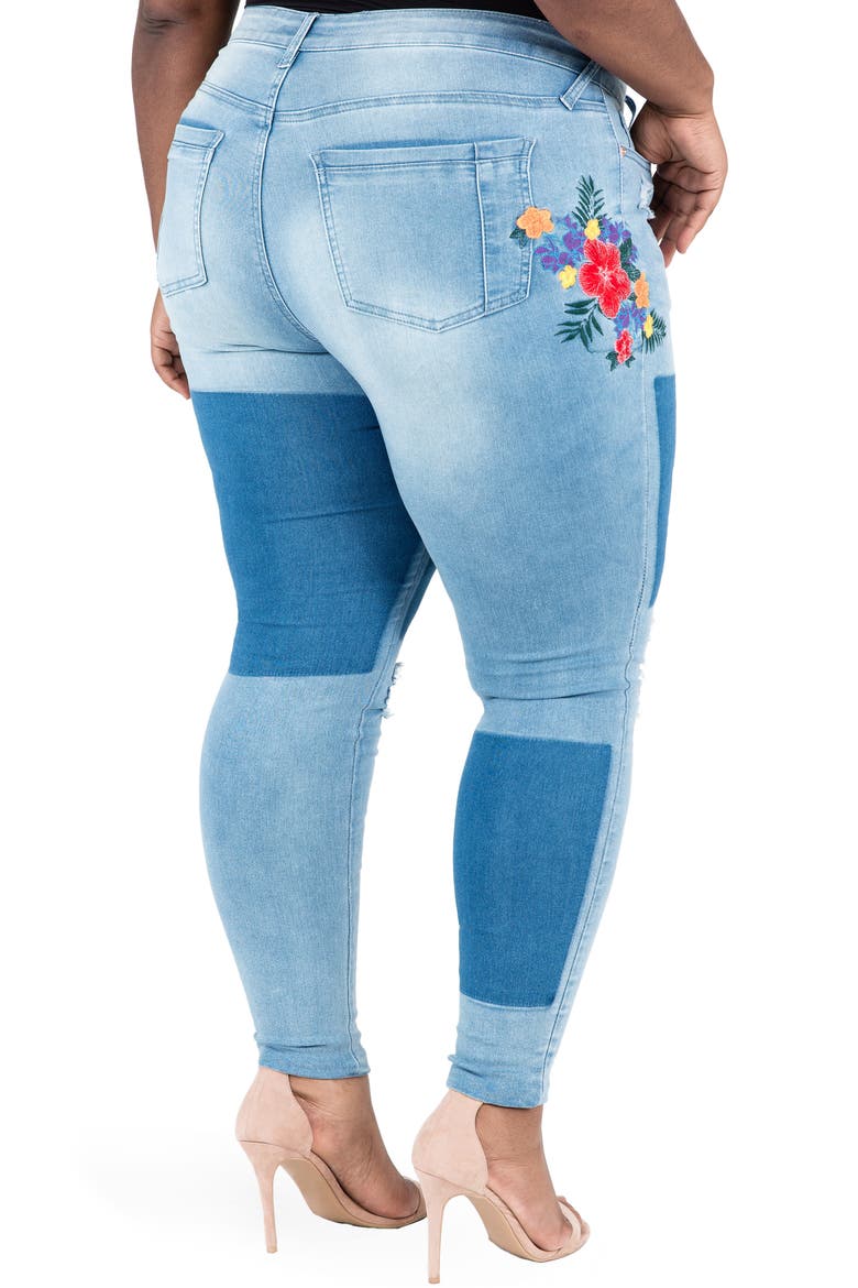 Madison Ripped & Embroidered Skinny Jeans, Alternate, color, BLUE