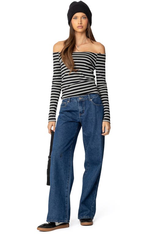 Shop Edikted Nelligan Stripe Off The Shoulder Stretch Cotton Knit Top In Gray-melange