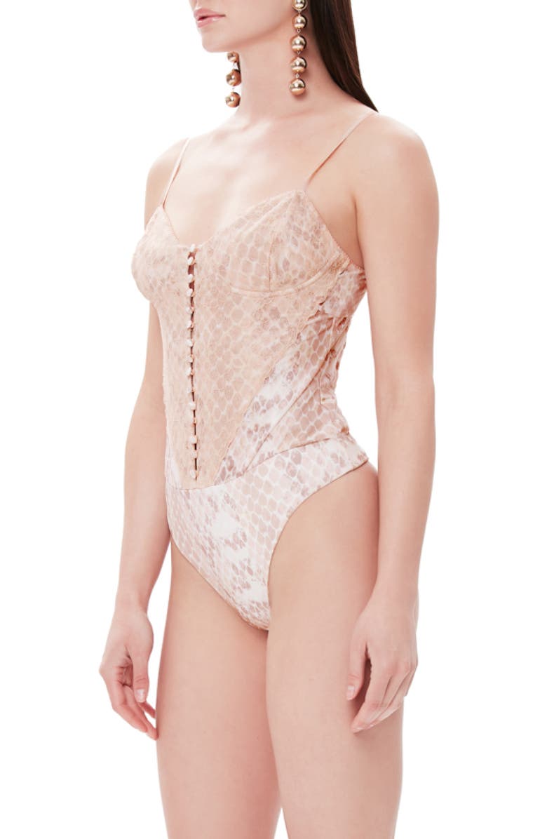AFRM Mesh & Lace Sleeveless Thong Bodysuit, Alternate, color, Pastel Snakednu