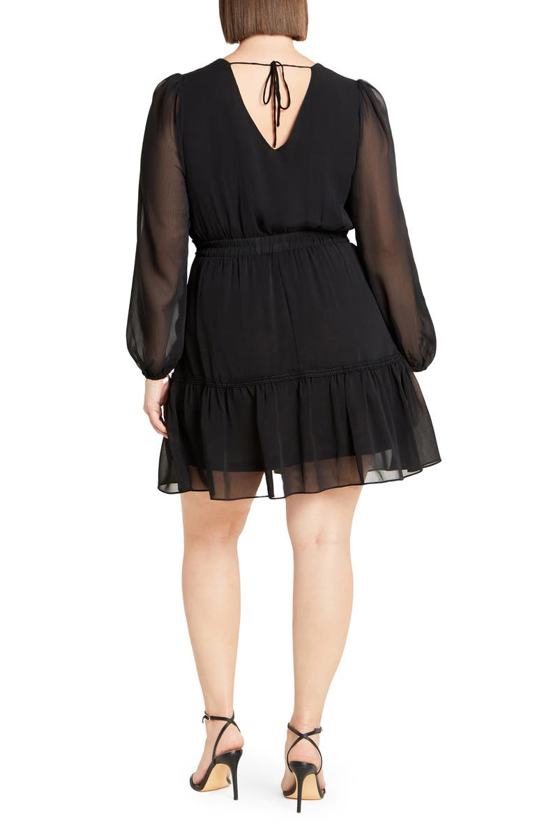 City Chic Navy Embroidered Sheer Balloon Sleeve Dress, Alternate, color, Black