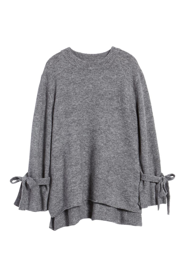Flared Tie Sleeve Sweater, Alternate, color, HEATHER GREY