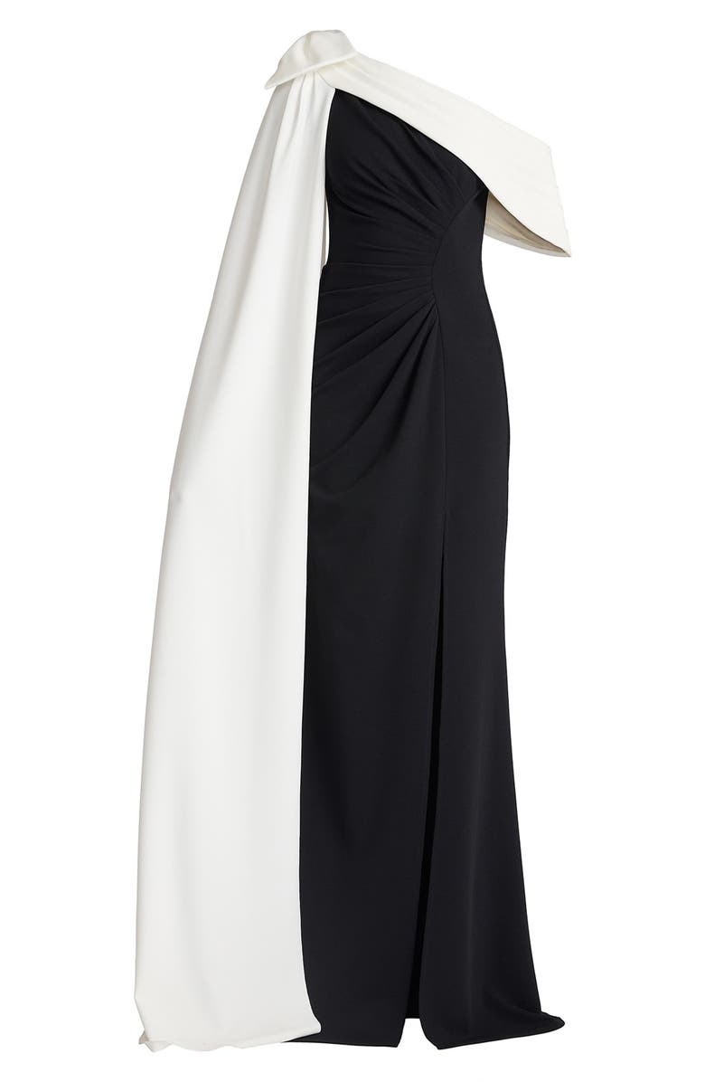 Tadashi Shoji Bow Cape Detail One-Shoulder Gown, Alternate, color, Black/ Ivory