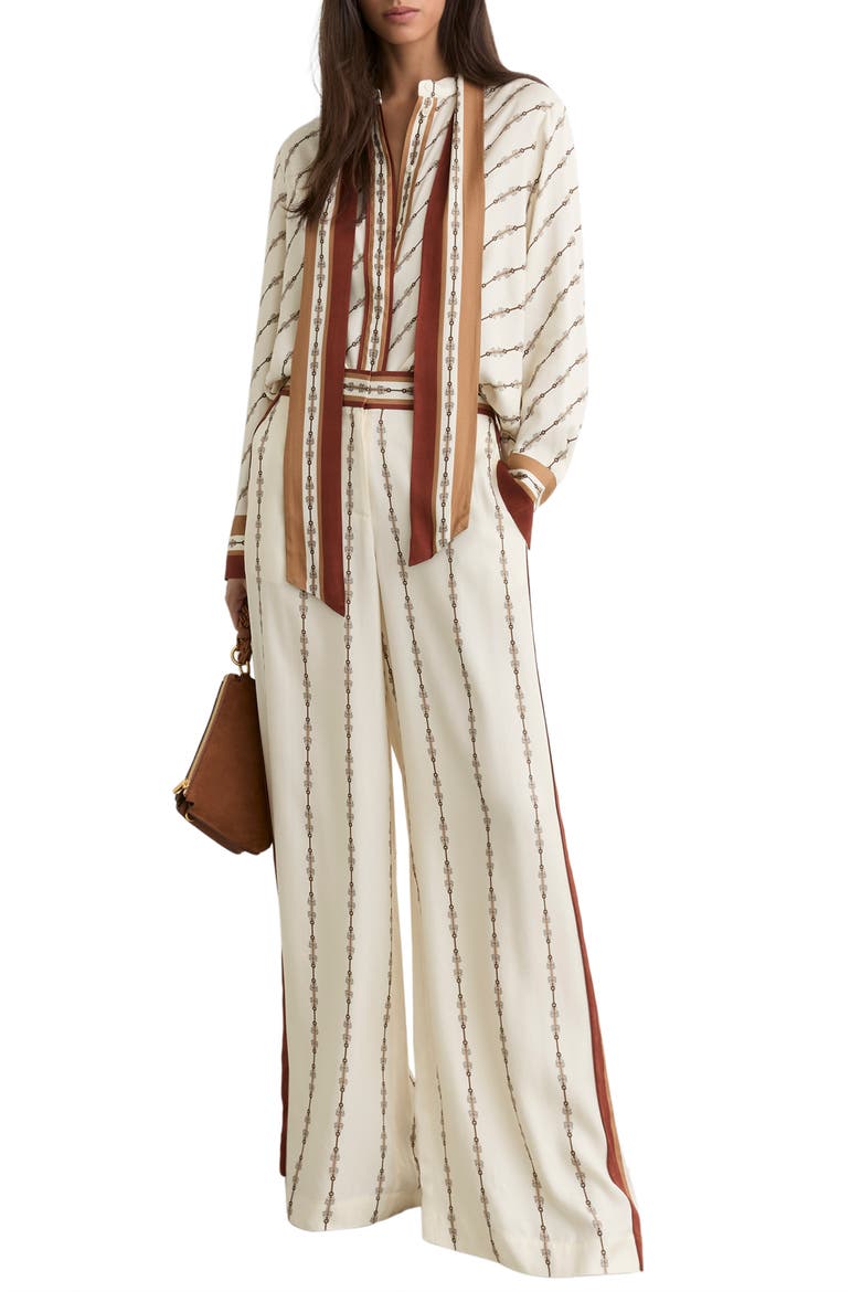 Lydia Chain Print Tie Neck Button-Up top, Alternate, color, IVORY