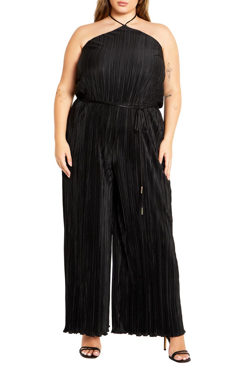 Chelo Plissé Halter Jumpsuit, Main, color, BLACK