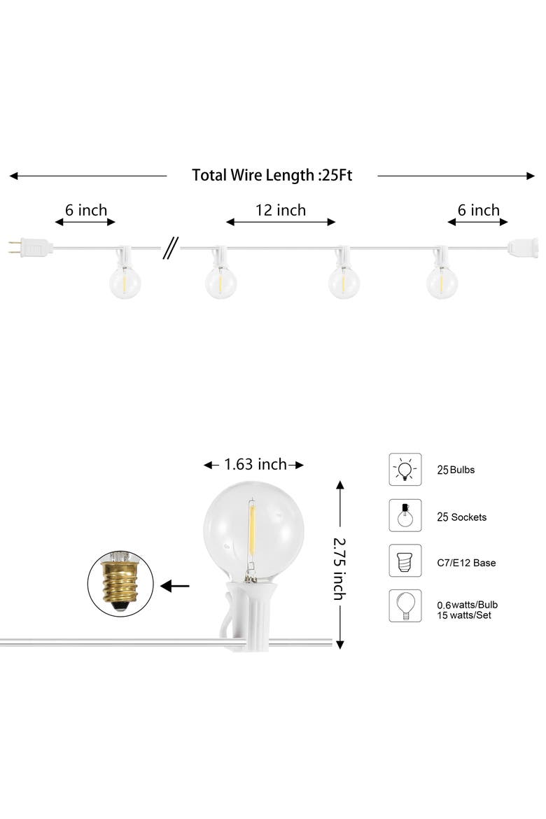 25-Light Indoor/Outdoor 25 ft. Contemporary Rustic Incandescent G40 Bistro Globe Bulb String Lights, Alternate, color, White