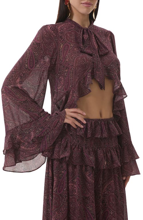 Afrm Aldora Paisley Bell Sleeve Crop Top In Burgundy