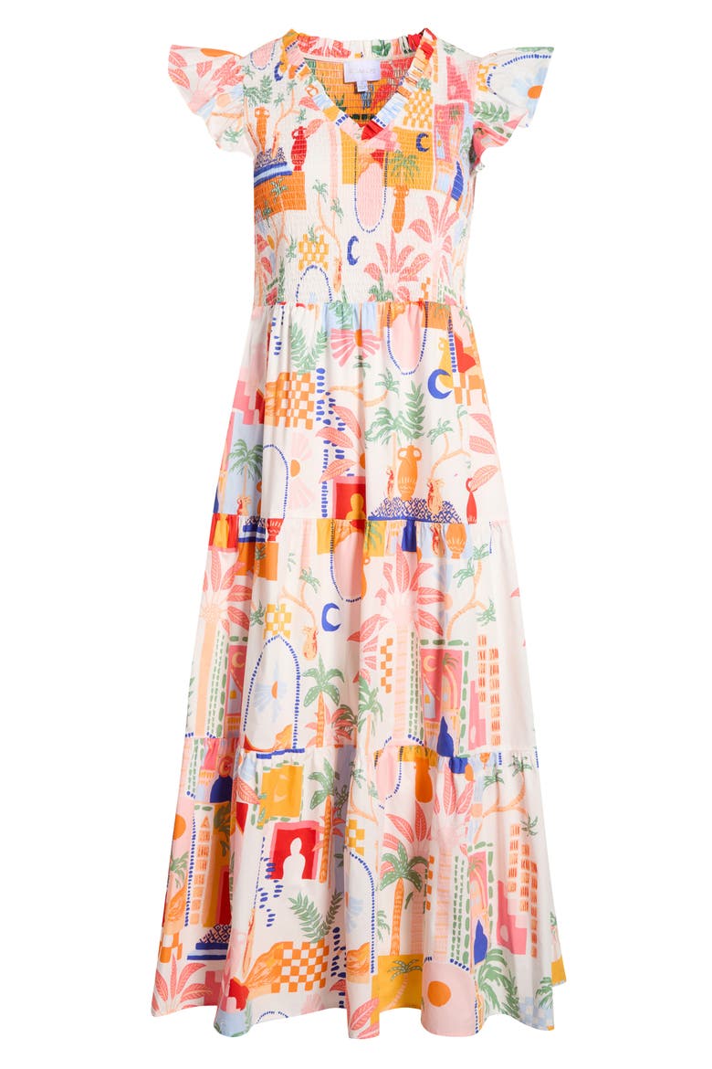 Petrolia Town Sunfire Smocked Bodice Tiered Cotton Midi Dress, Alternate, color, ORANGE-PINK-WHITE