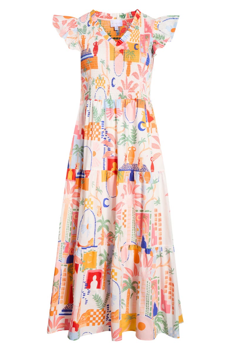 SUGARLIPS Petrolia Town Sunfire Smocked Bodice Tiered Cotton Midi Dress, Alternate, color, Orange-Pink-White