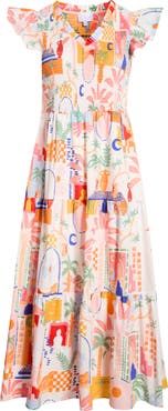SUGARLIPS Petrolia Town Sunfire Smocked Bodice Tiered Cotton Midi Dress