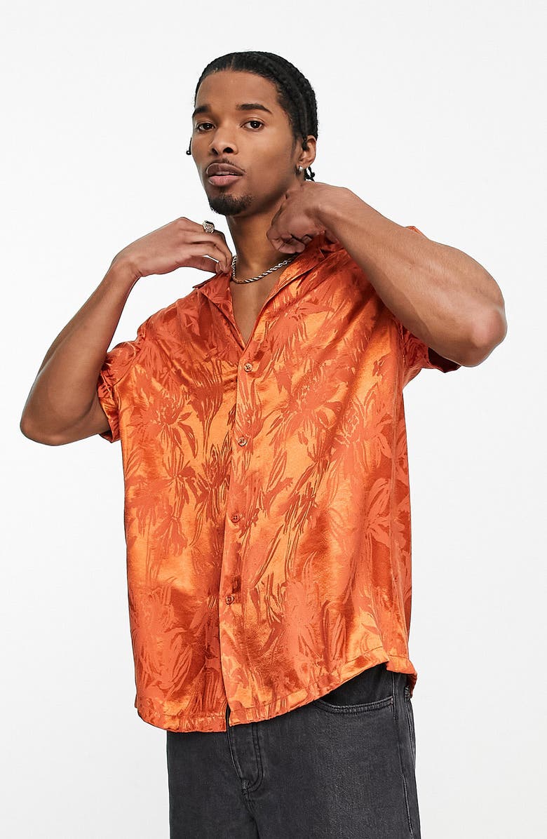 ASOS DESIGN Leaf Pattern Relaxed Camp Shirt, Main, color, 