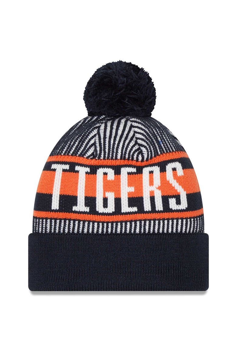 Men's New Era Navy Detroit Tigers Striped Cuffed Knit Hat with Pom, Alternate, color, Navy