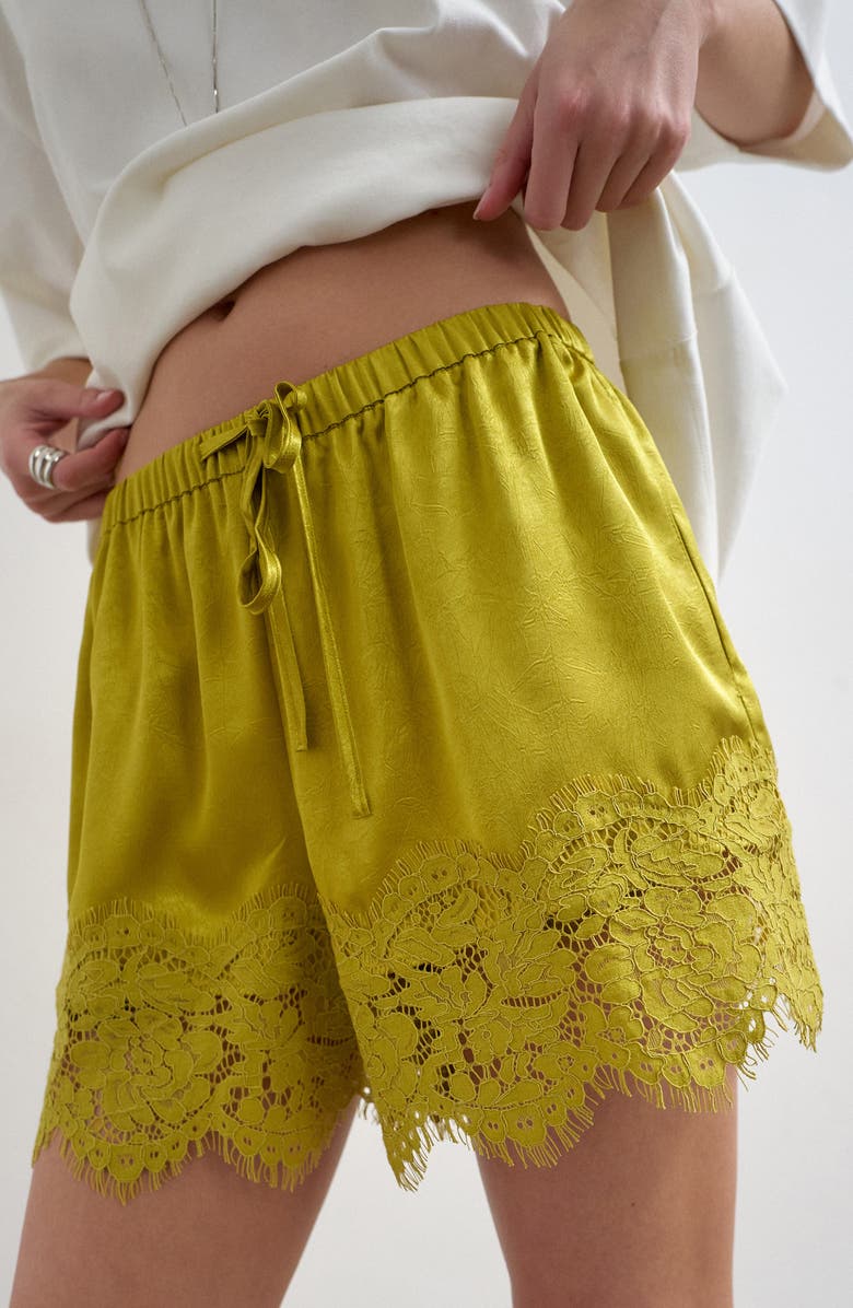 Topshop Crinkle Satin & Lace Shorts, Alternate, color, Yellow
