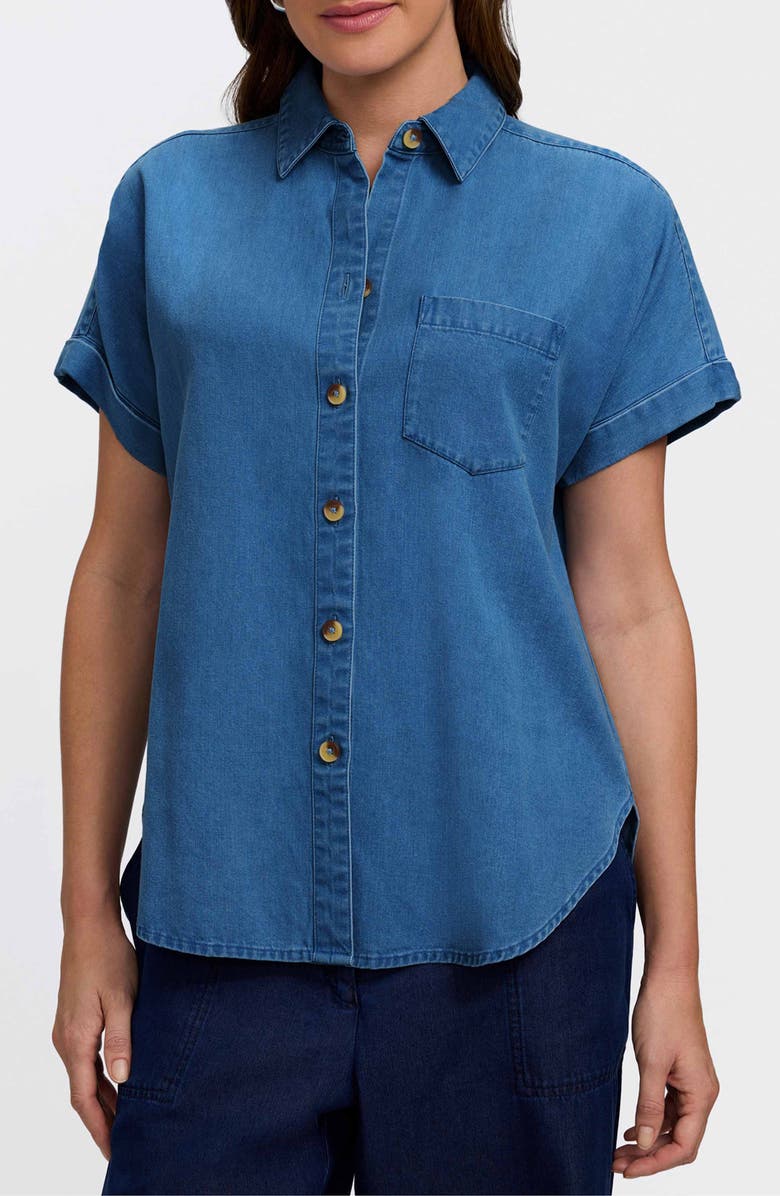 Foxcroft Abigail Short Sleeve Denim Button-Up Shirt, Main, color, Medium Wash Blue