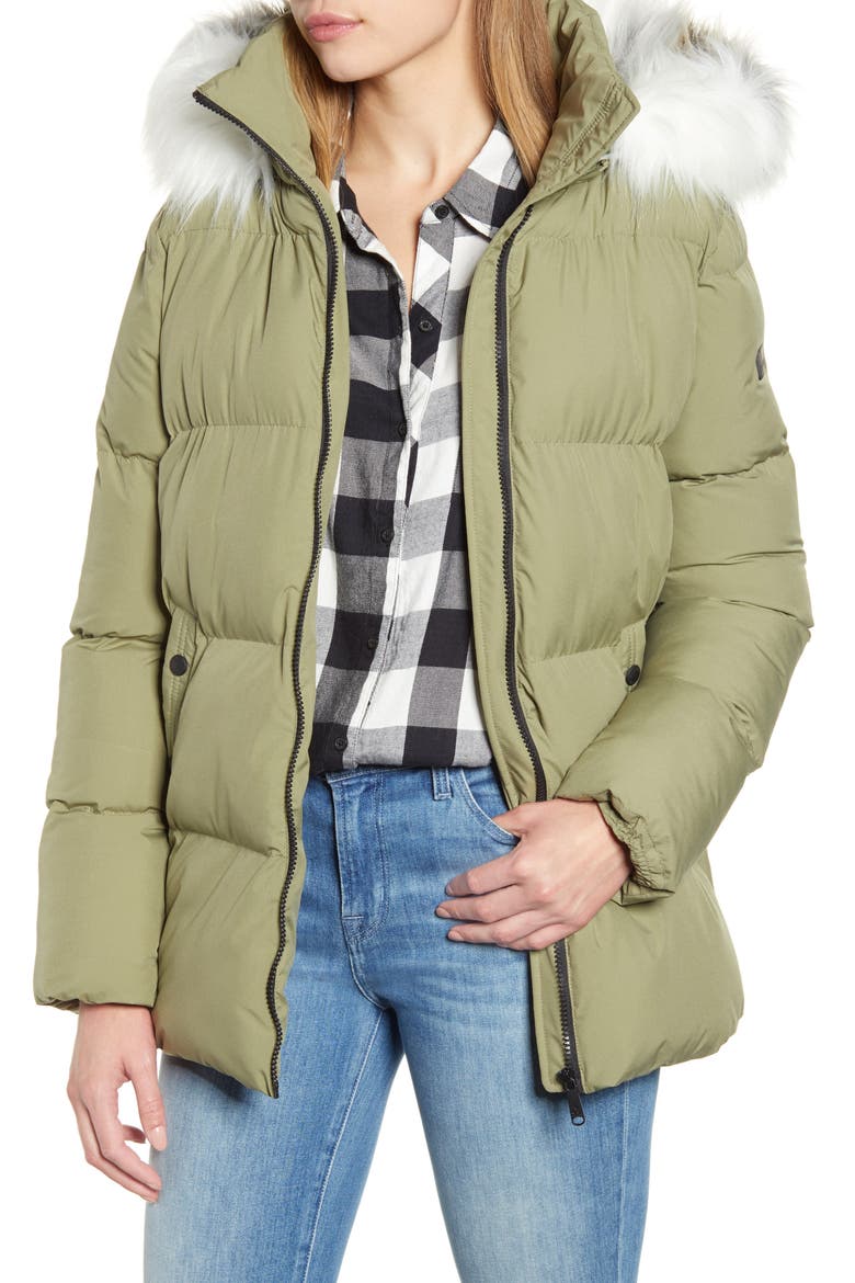 Water Repellent Faux Fur Trim Puffer Jacket, Main, color, GREEN