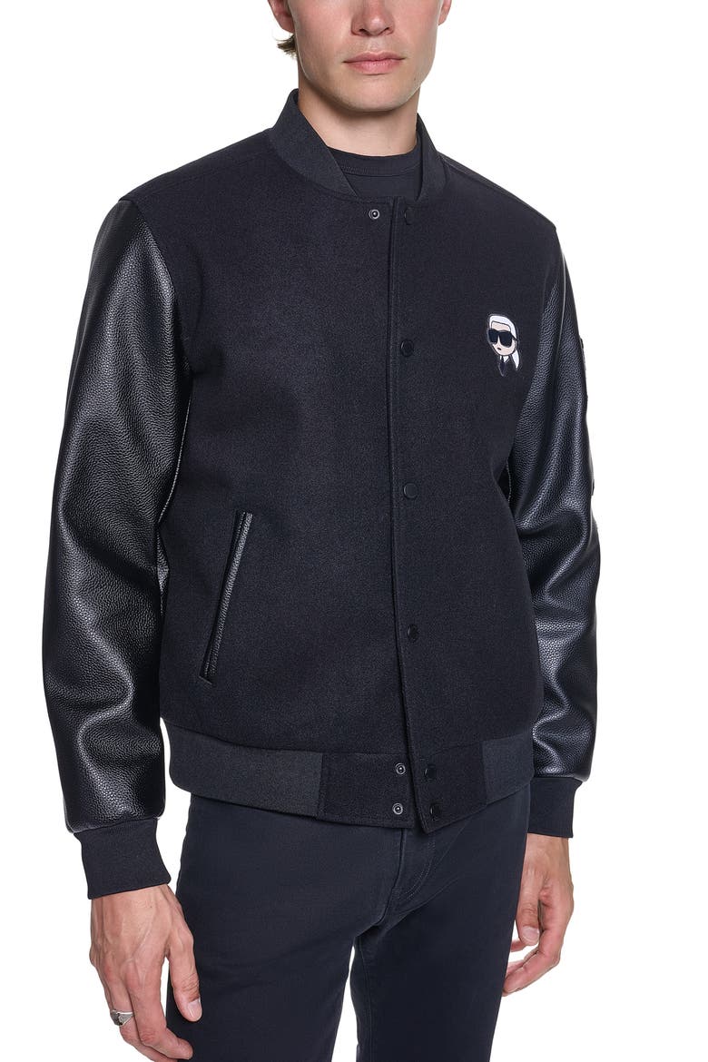 Mixed Media Bomber Jacket, Main, color, BLACK