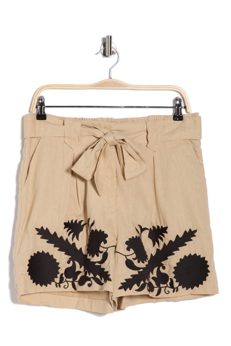 Appliqué Shadow Linen Blend Shorts, Alternate, color, BEIGE/ BLACK