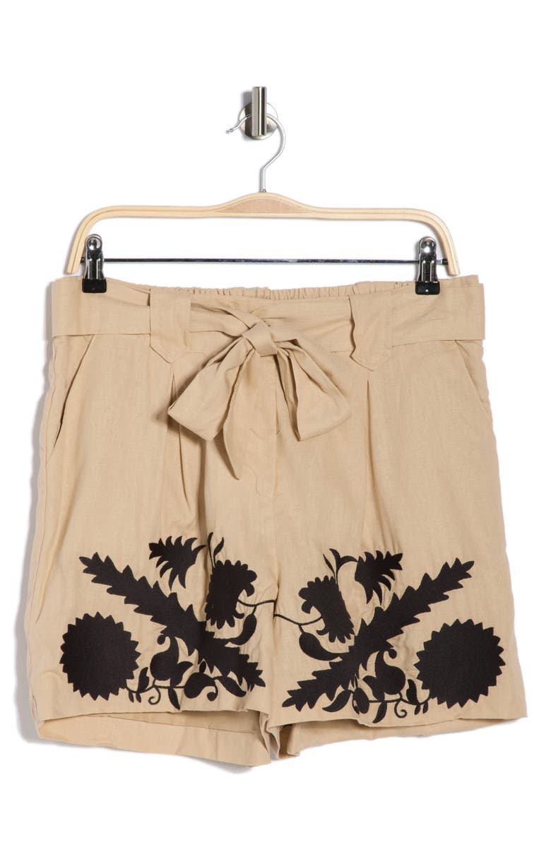 JASON WU Appliqué Shadow Linen Blend Shorts, Main, color, Beige/ Black