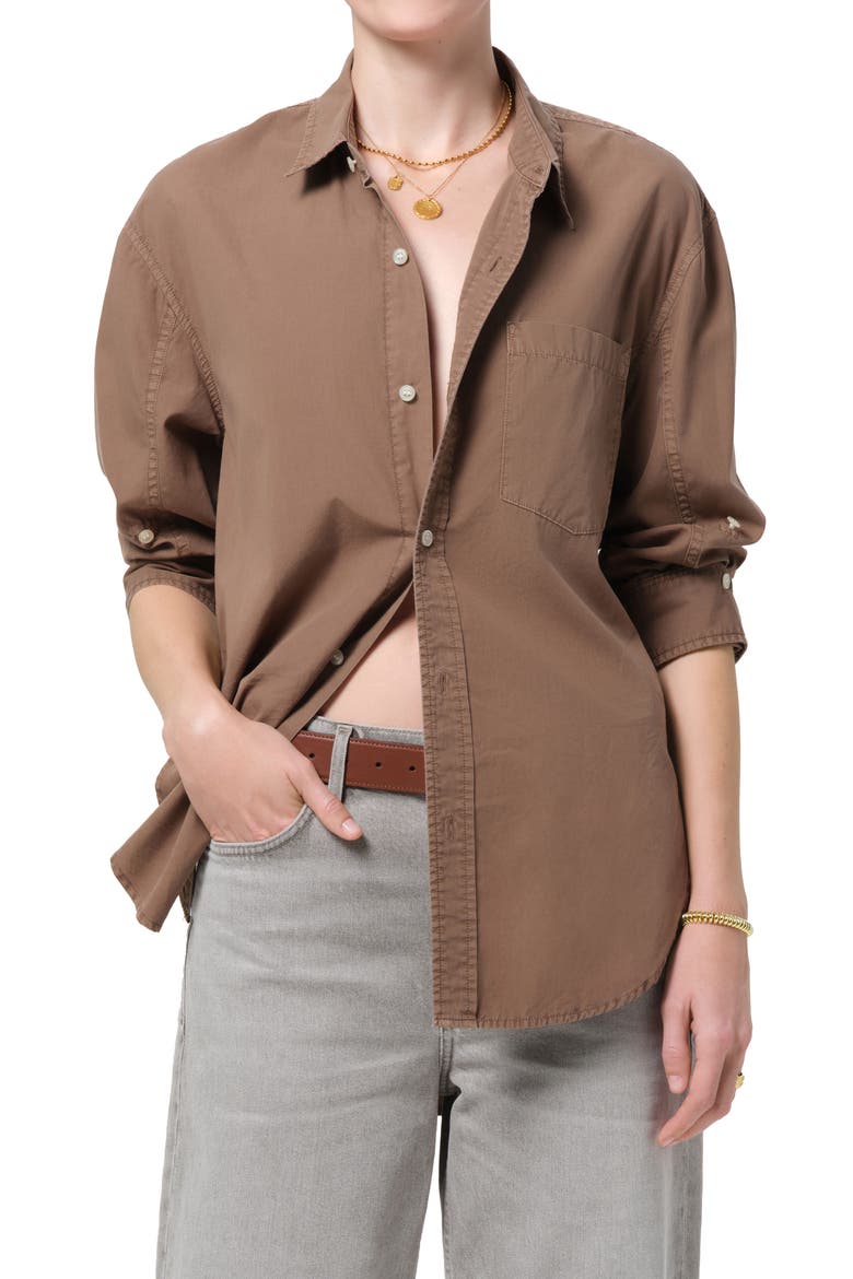 Kayla Oversize Poplin Button-Up Shirt, Main, color, COCOA ACID WAS