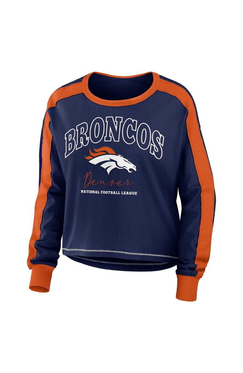 WEAR by Erin Andrews Women's WEAR by Erin Andrews Navy/Orange Denver Broncos Color Block Modest Crop Long Sleeve T-Shirt, Alternate, color,