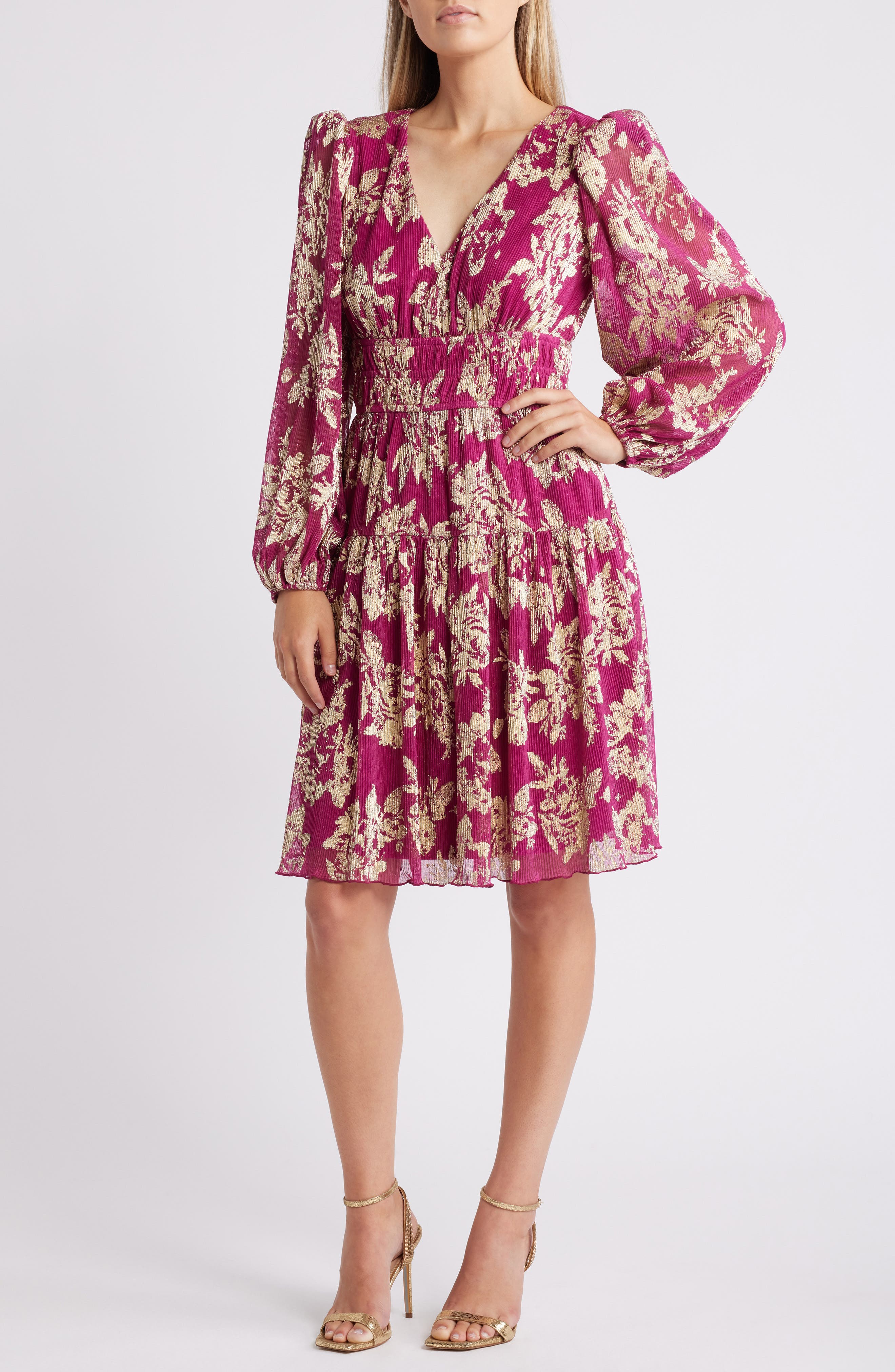 Vince Camuto Metallic Floral Long Sleeve Fit & Flare Dress