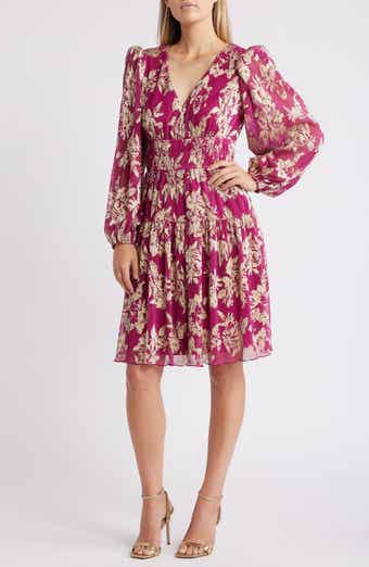 Vince Camuto Metallic Floral Long Sleeve Fit & Flare Dress