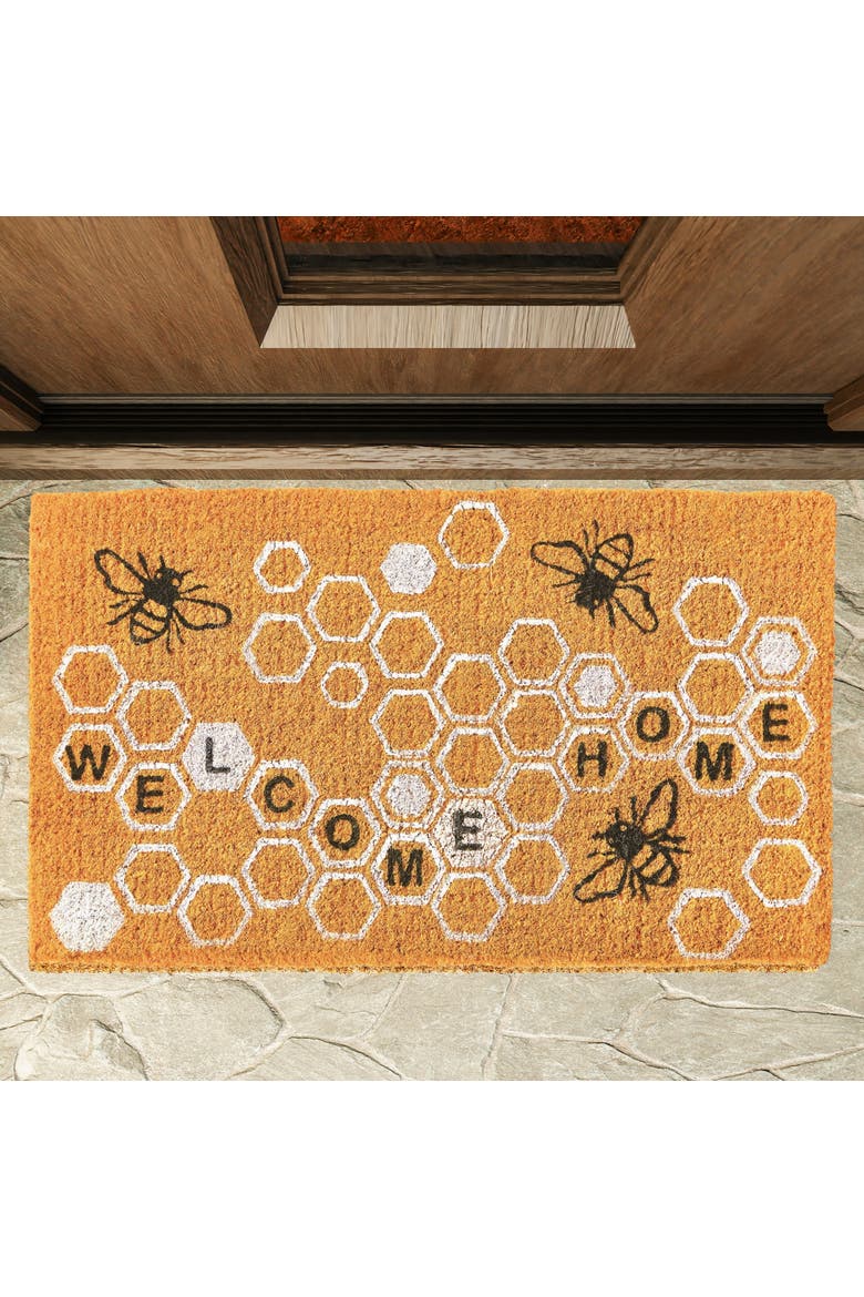 Welcome Home Honeycomb Bee Coir Door Mat Yellow Indoor Outdoor, Alternate, color, Yellow