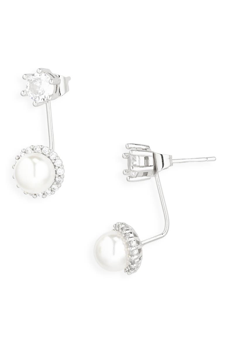 Cubic Zirconia & Faux Pearl Drop Front/Back Earrings, Main, color, SILVER CZ