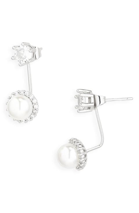 Cubic Zirconia & Faux Pearl Drop Front/Back Earrings