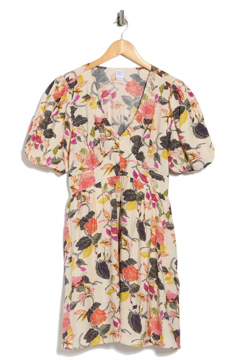 Puff Sleeve Fit & Flare Minidress, Alternate, color, IVORY- PINK JACOBEAN BLOOM