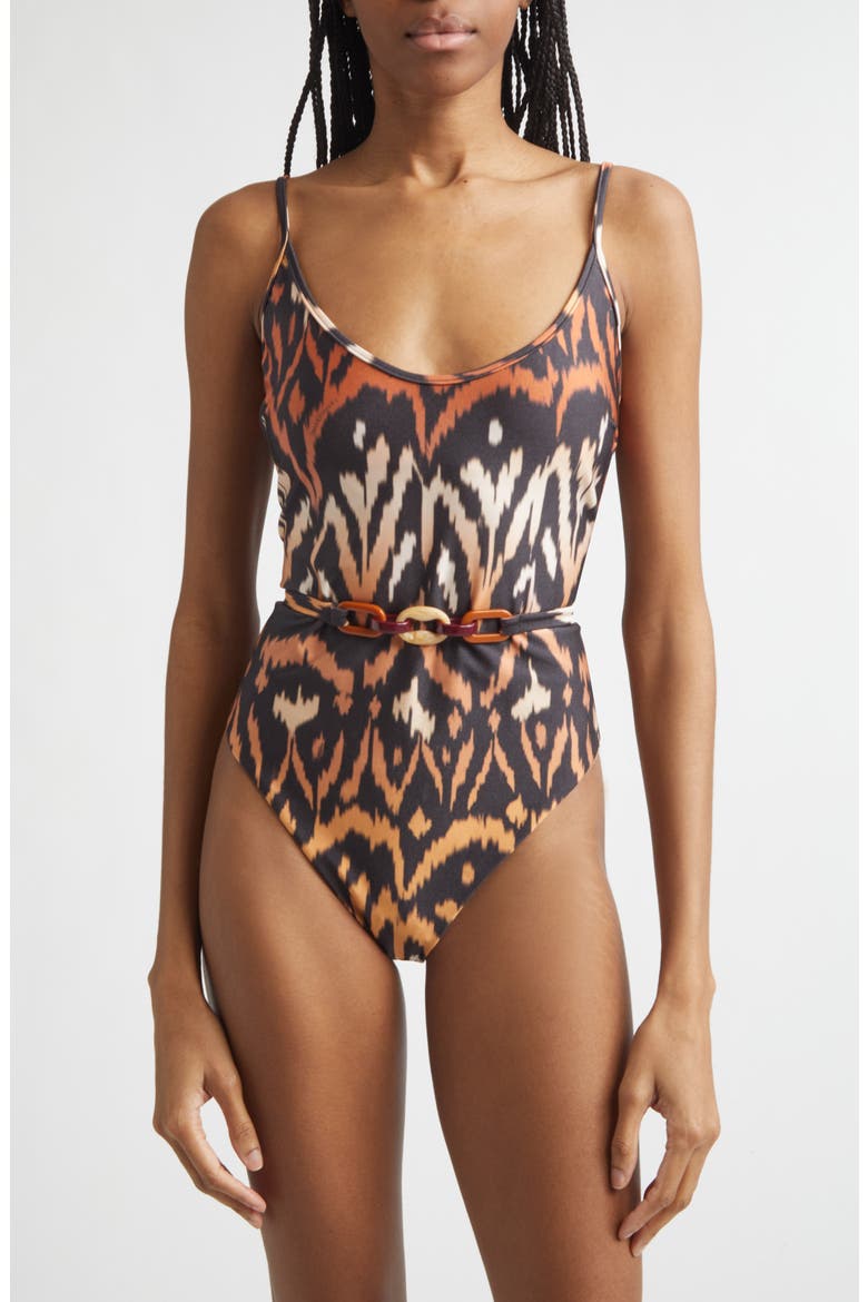Aster Belted One-Piece Swimsuit, Main, color, CHARCOAL IKAT