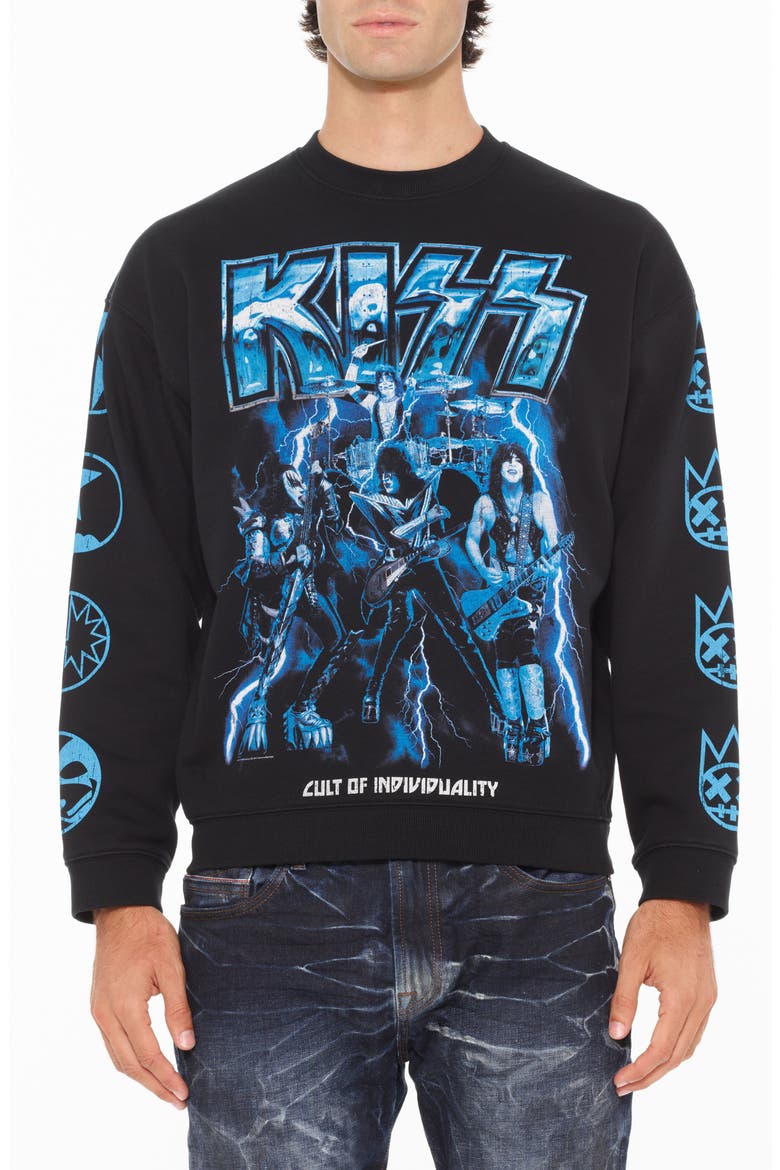 Kiss Crewneck Fleece Graphic Sweatshirt, Main, color, BLACK