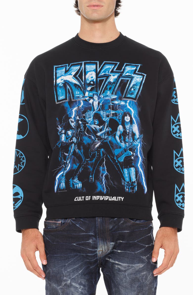Cult of Individuality Kiss Crewneck Fleece Graphic Sweatshirt, Main, color, Black