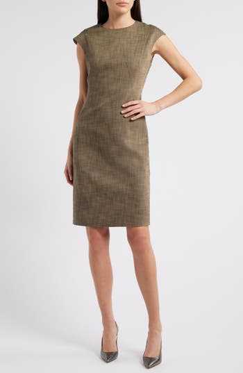 Hugo Boss Cap-sleeve Dress In Melange Stretch Sharkskin In Brown