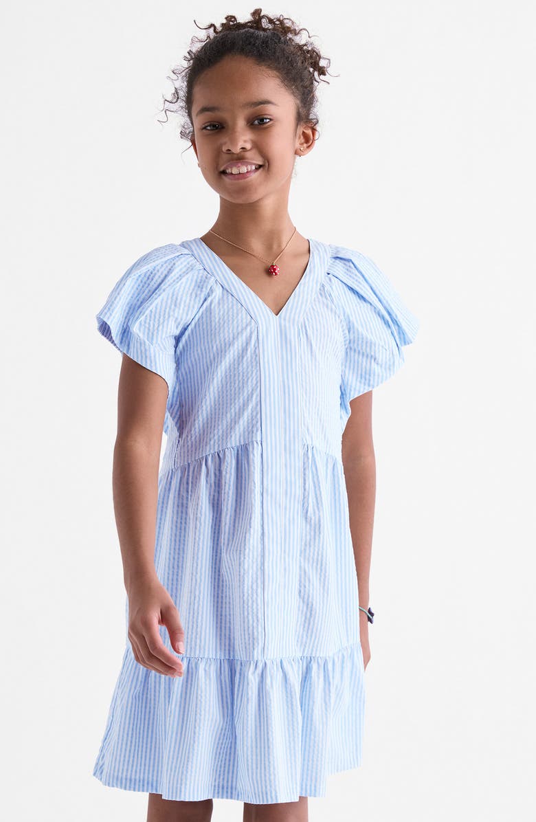 vineyard vines Kids' Sophie Harbor Flutter Sleeve Seersucker UPF 30+ Sundress, Alternate, color, Seersucker-Jake Blue